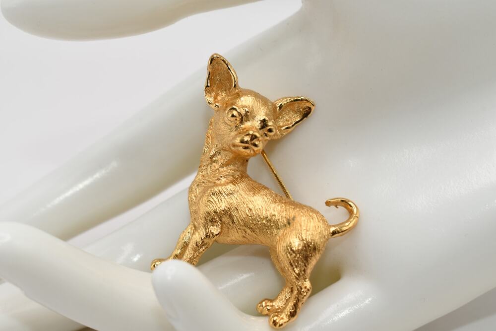 Vintage Crown Trifari Chihuahua Dog Brooch Gold Tone Signed